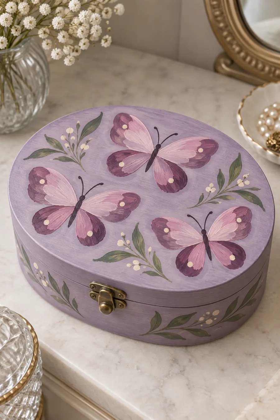 Lilac oval jewelry box with three mauve butterflies