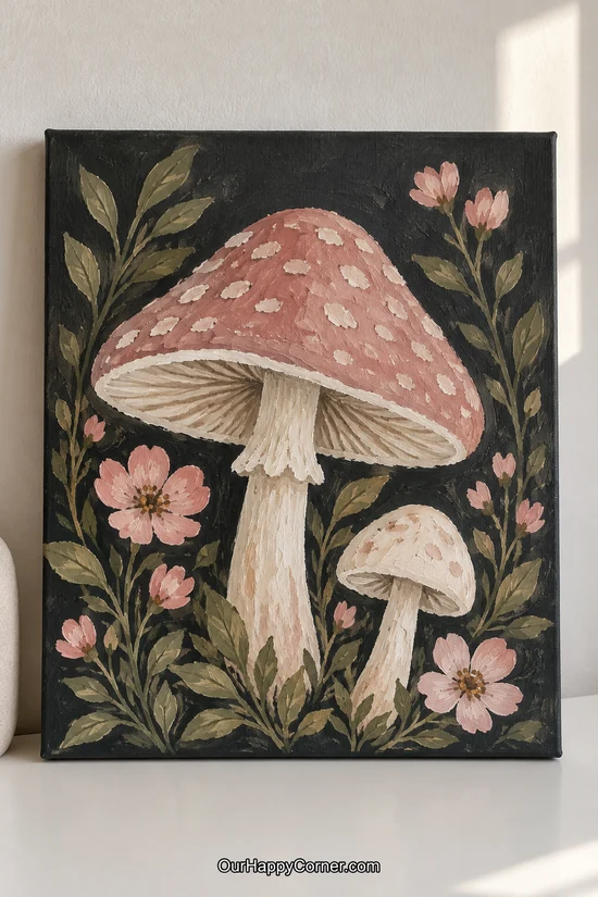 Mushroom painting ideas featuring pink and cream mushrooms with flowers on charcoal