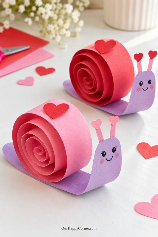 Rolled-paper Valentine snails with red spiral shells