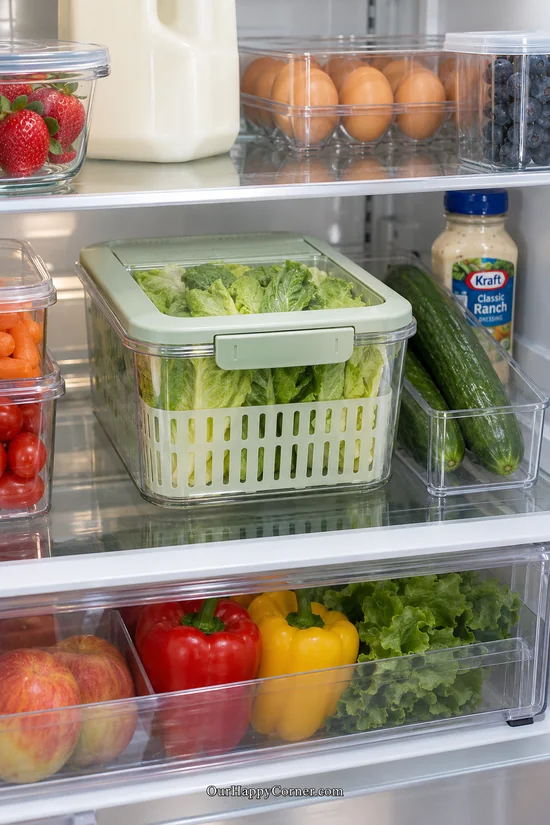 Leafy greens in a refrigerator produce keeper with a removable basket fridge organization ideas