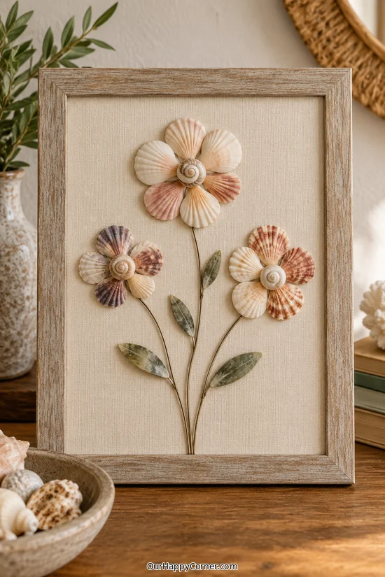 Seashell crafts for adults featuring framed shell flowers