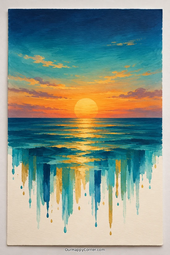 Sunset painting ideas featuring teal sunset with dripping water