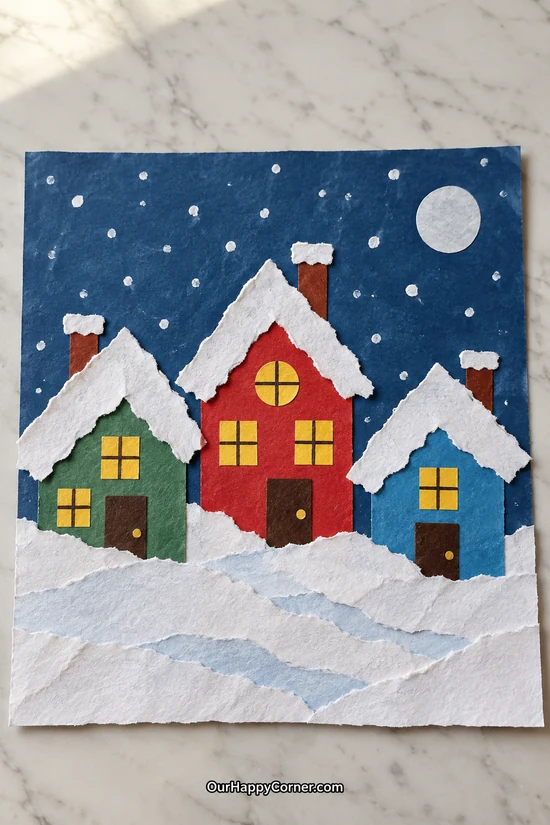 Torn paper snowy village winter crafts for kids