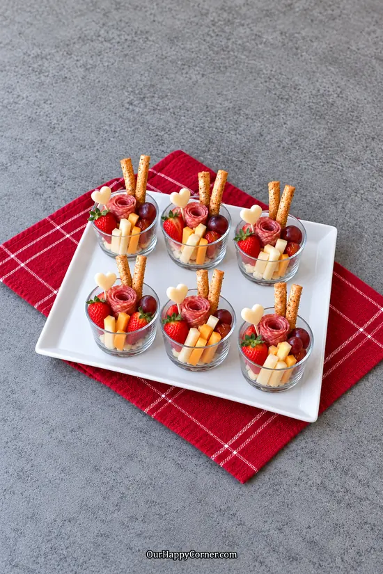 Valentine’s charcuterie board served in individual cups with salami and cheese hearts
