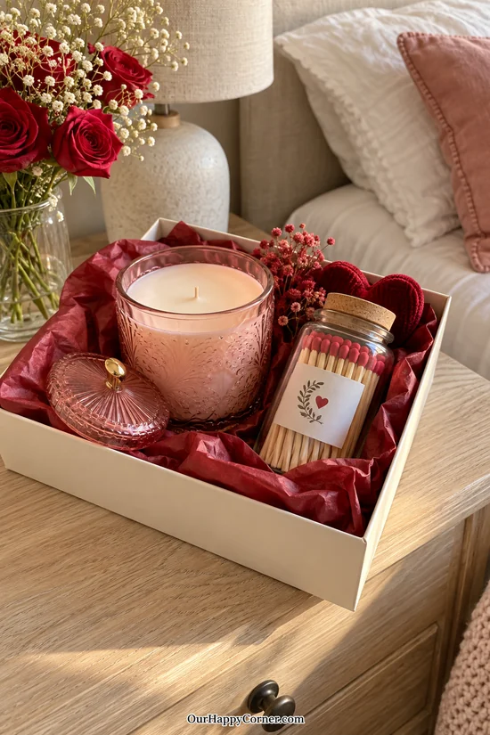 Pink glass candle and decorative match jar in a gift box