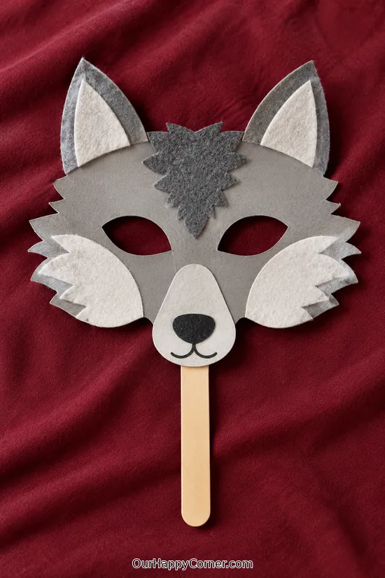 winter animal crafts for kids with gray wolf handheld mask
