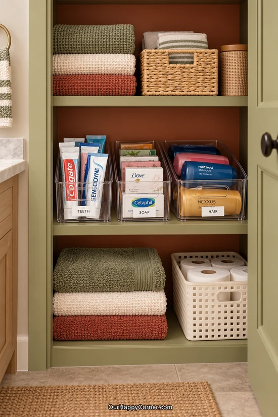 Labeled clear bins group toothpaste, soap, and haircare backups