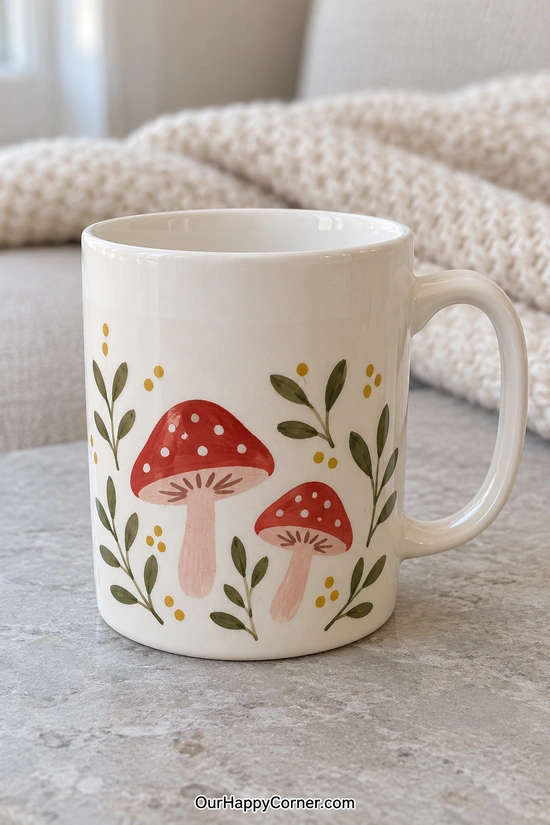 Tall white mug painted with red mushrooms, olive sprigs, and mustard dots