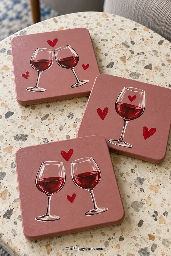 Dusty rose coasters painted with wine glasses and red hearts