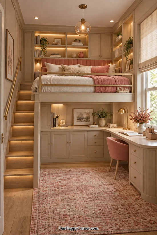 Coral and sand loft bedroom with an upholstered headboard and curved desk