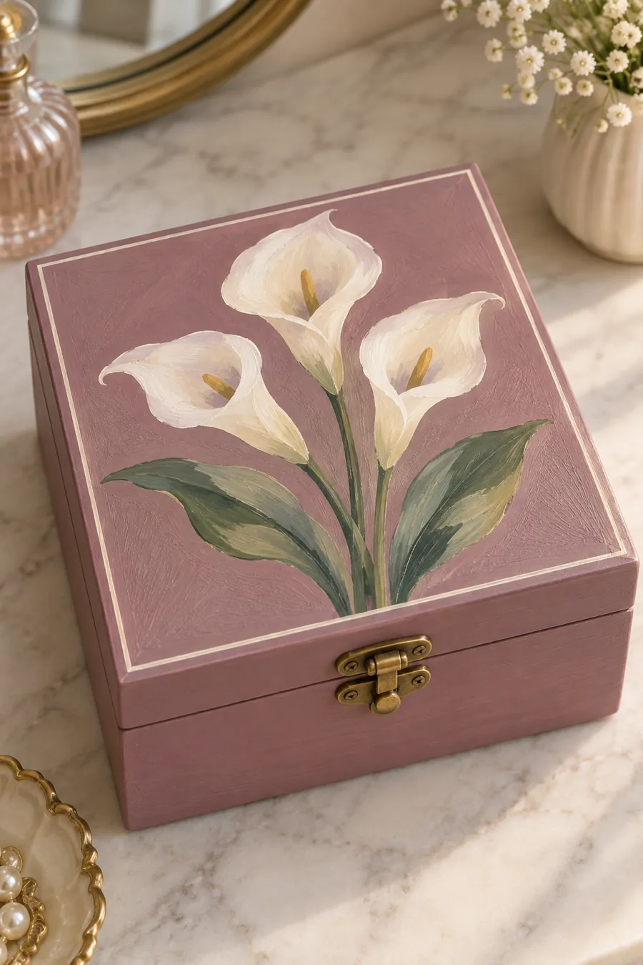 Mauve box with three cream calla lilies