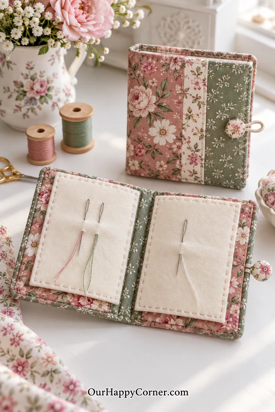 Open floral fabric needle book with felt pages, sewing needles, and a loop closure