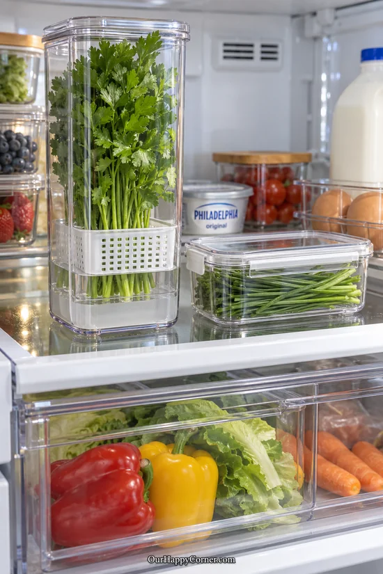 Parsley in a tall herb keeper beside a covered container of chives fridge organization ideas