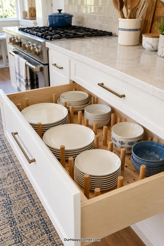 Plate and bowl stacks held in place by drawer pegs