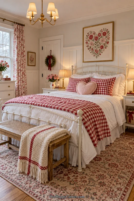 Red gingham accents and heart pillows on a white cottage bed