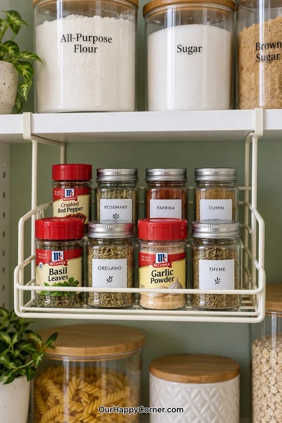 White under-shelf wire basket filled with original spice bottles and glass jars