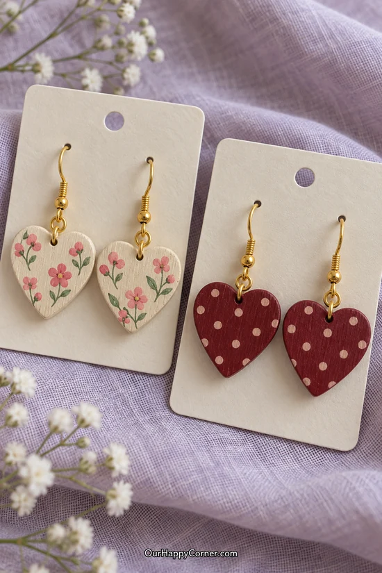 Hand-painted wooden heart earrings with pink flowers and burgundy polka dots on jewelry cards
