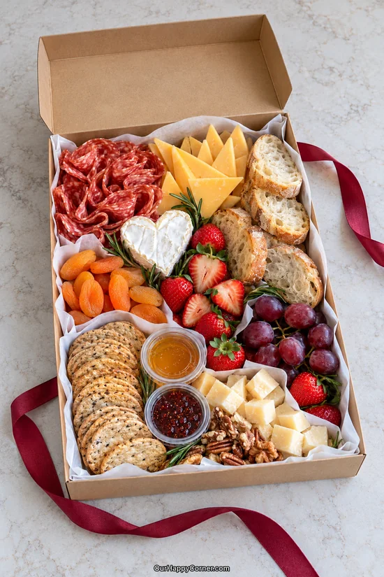 Parchment-lined picnic box with salami, heart-shaped brie, cheese, berries, crackers, and bread