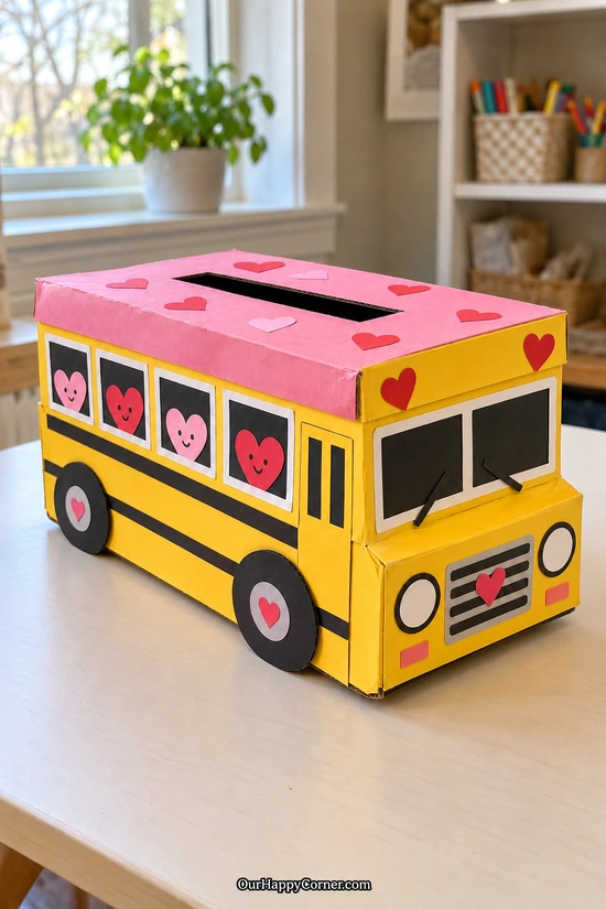 Yellow school bus box with heart passengers