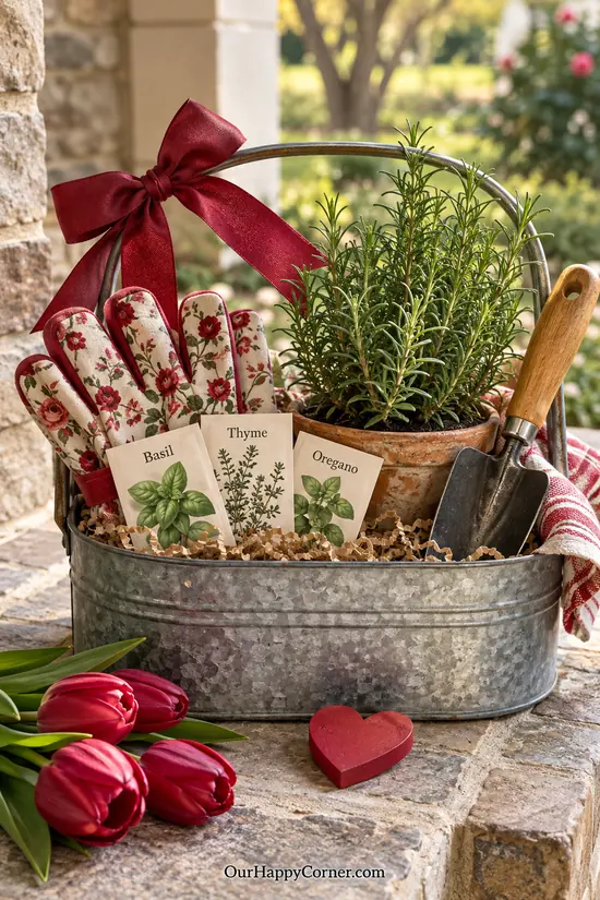 Gardening gift caddy with gloves, seeds, a trowel, and rosemary