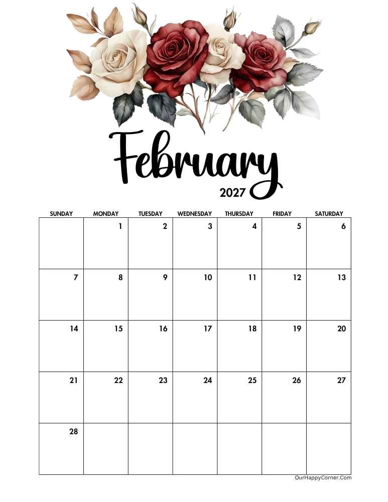 Floral roses February 2027 calendar printable