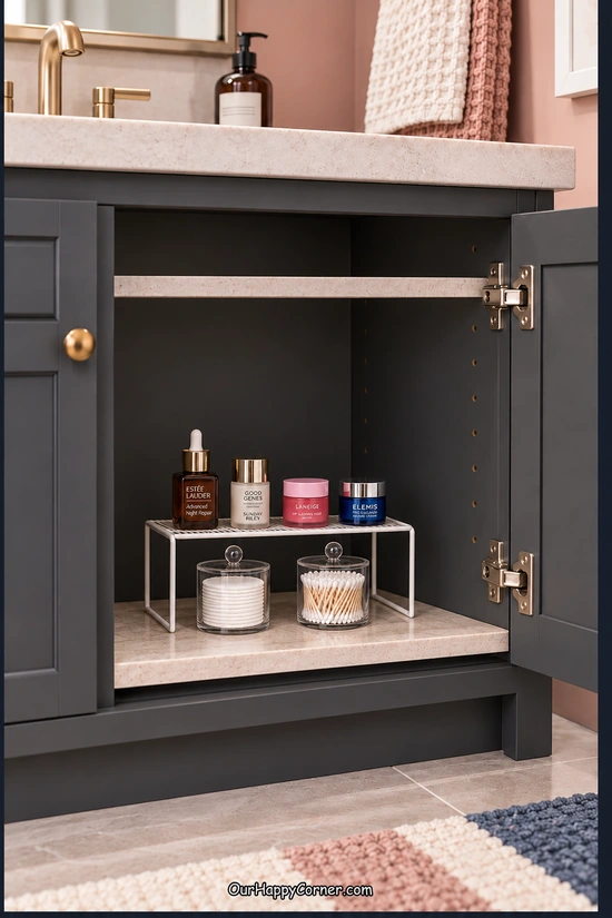 Bathroom organization with realistically sized skincare jars on a small shelf riser