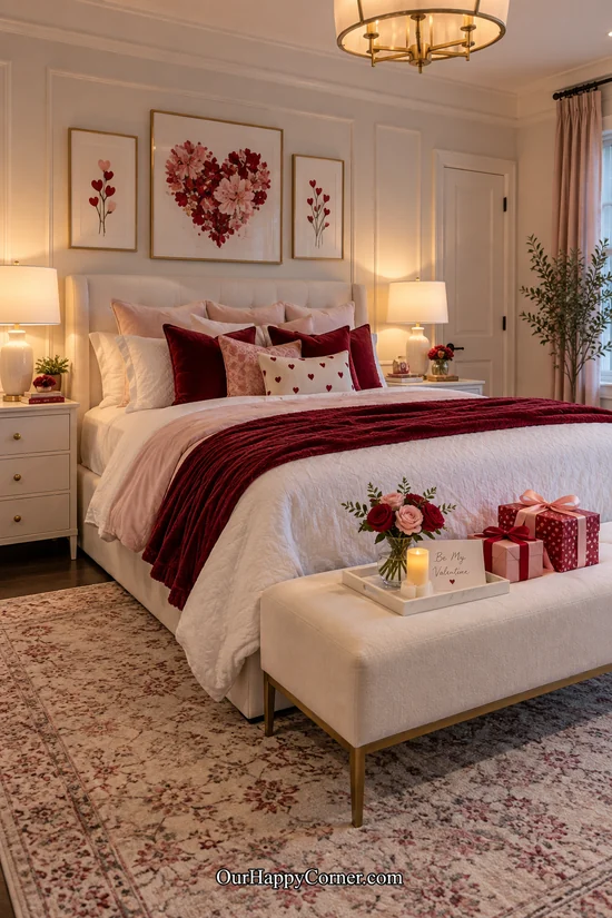 Valentine gifts and roses arranged on an upholstered bedroom bench