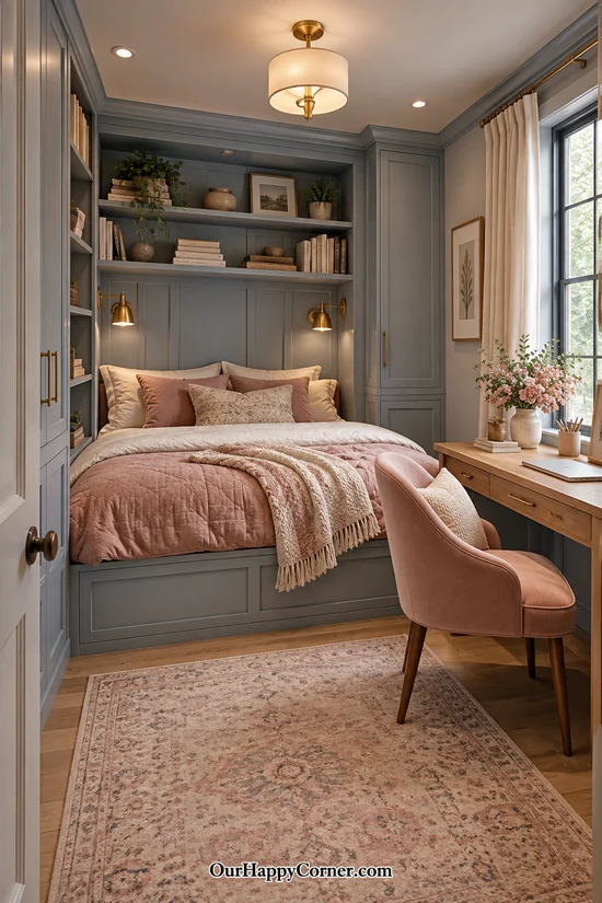 Powder blue bed alcove with rose bedding and an oak desk