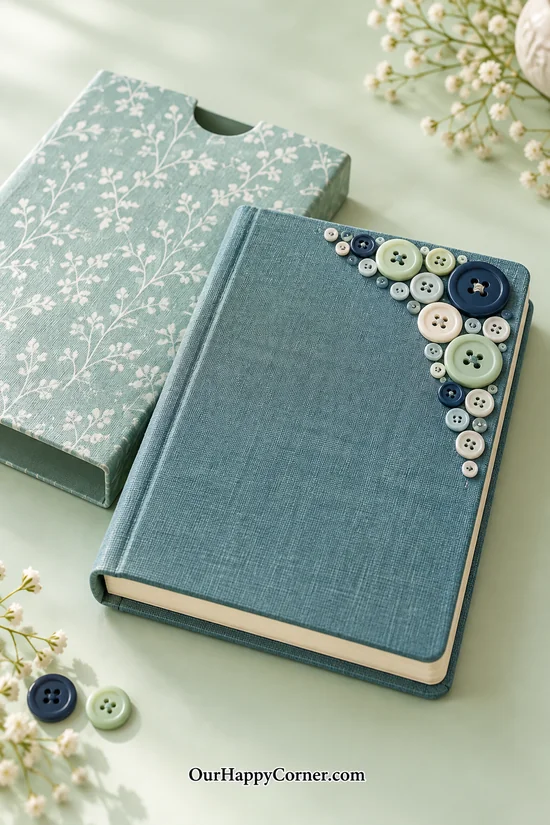 Teal linen notebook with a curved button corner design