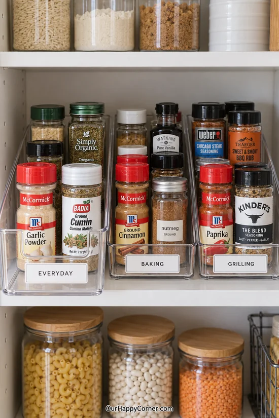 Clear spice bins labeled Everyday, Baking, and Grilling with mixed store bottles