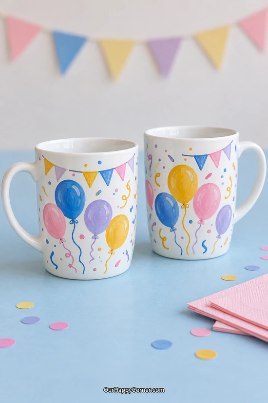 Ceramic cup painting ideas with colorful balloons, pennants, streamers, and confetti