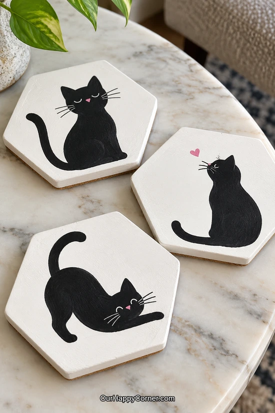 Cat coaster painting ideas featuring black silhouettes on white hexagons