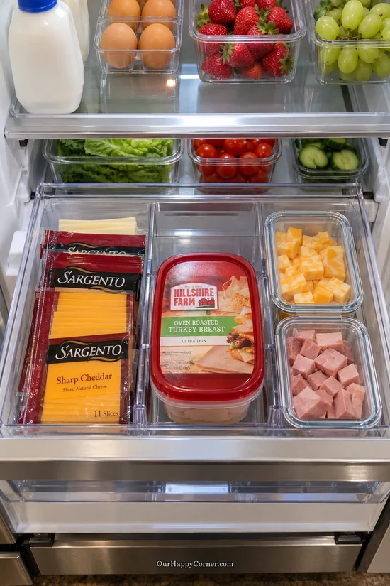 Divided refrigerator deli drawer with cheese packets and covered food containers