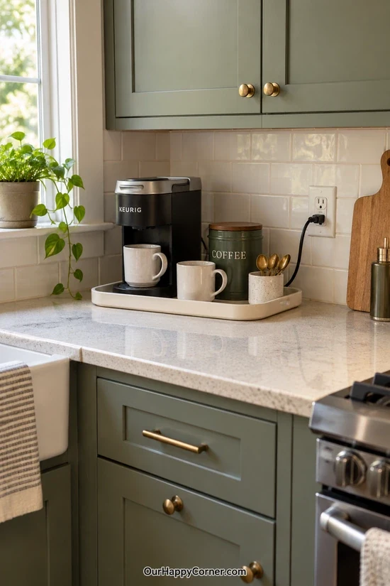 Coffee maker and mugs grouped on a countertop tray