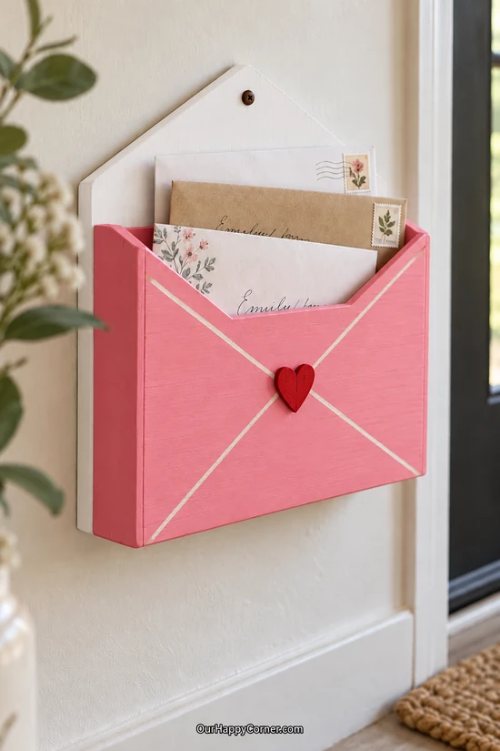 Envelope-shaped strawberry pink wooden wall pocket holding handwritten notes with a red heart on the front valentine wood crafts