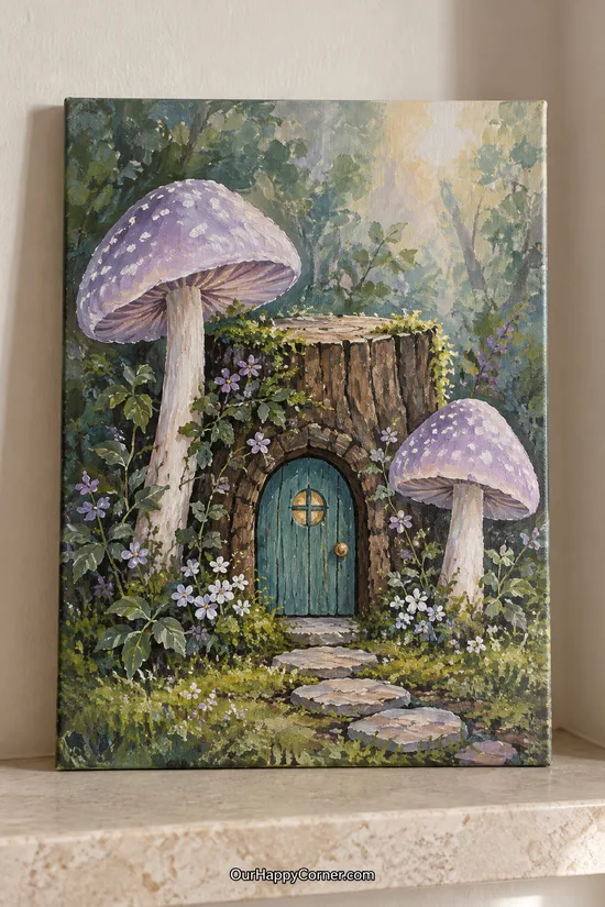 Mushroom painting ideas featuring lavender mushrooms beside a teal fairy door