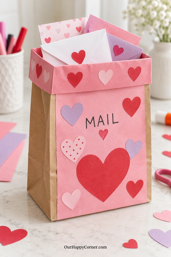 Paper-bag Valentine mailbox decorated with pink paper hearts