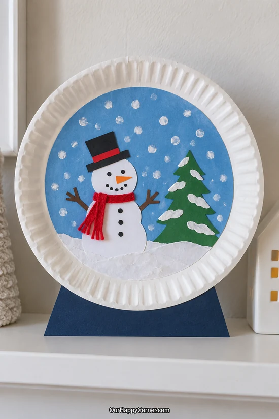 Paper plate snow globe with snowman and evergreen