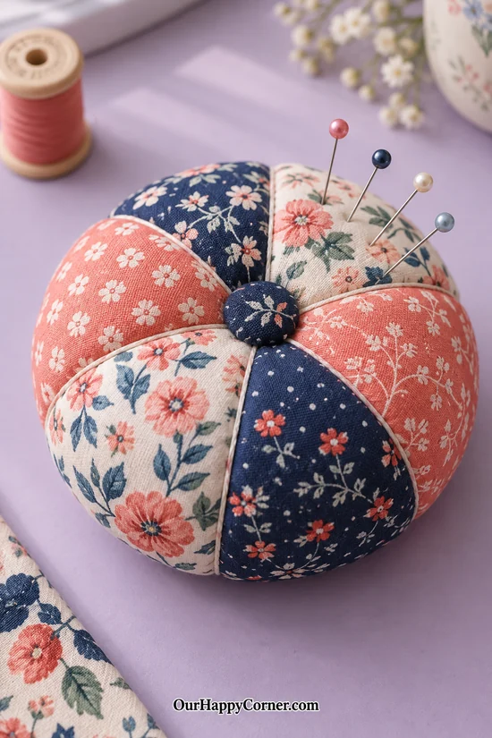 Round patchwork pincushion with coral floral, navy, and cream cotton segments