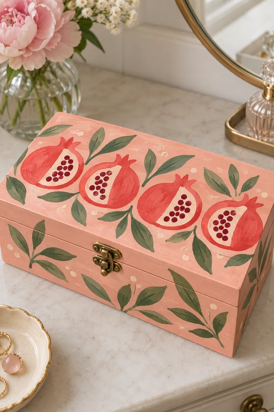 Peach box with a painted pomegranate pattern
