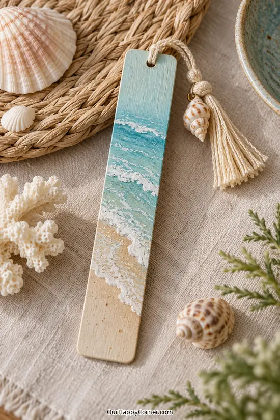 Seashell crafts for adults featuring beach bookmark with shell tassel