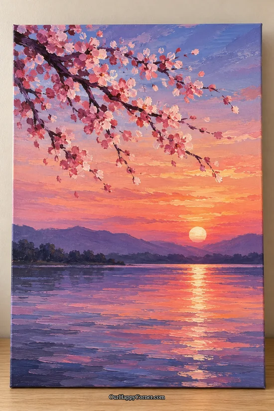 Sunset painting ideas featuring cherry blossoms above a sunset lake