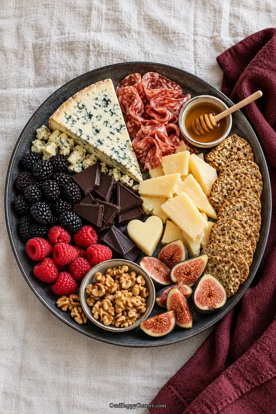 Valentine’s charcuterie board with blue cheese, dark chocolate, berries, figs, salami, and walnuts