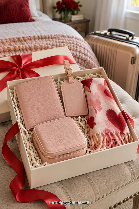 Travel gift set with a passport holder, luggage tag, and jewelry case