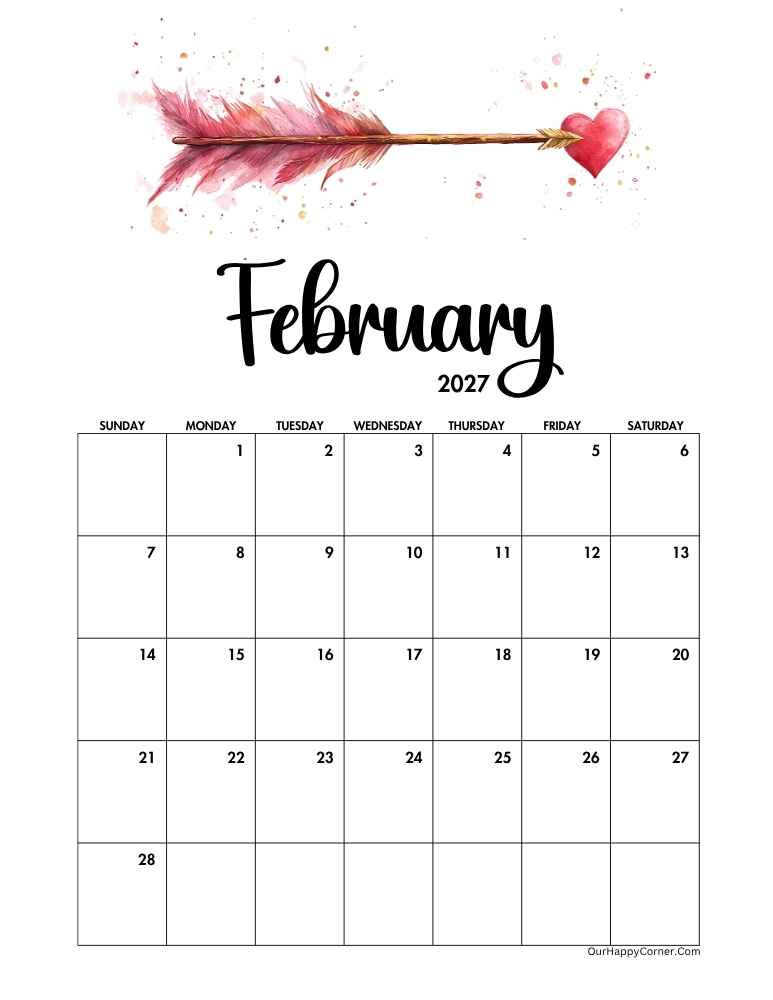 Arrow and heart February 2027 calendar printable