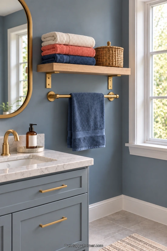 Cream, coral, and navy towels on an oak shelf above a brass bar