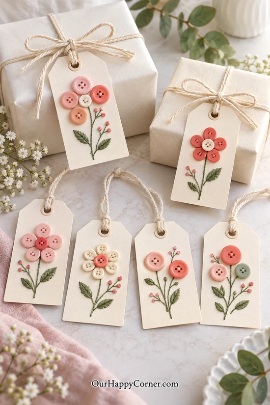 Cream gift tags decorated with individual button flowers