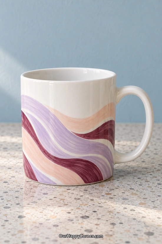 White ceramic mug painted with flowing lilac, peach, and burgundy ribbons