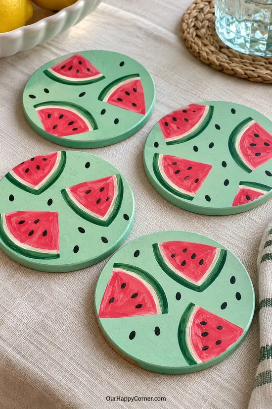 Mint green round coasters painted with red watermelon wedges