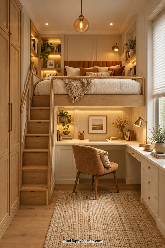 Cream and caramel loft with oak furniture and textured neutral bedding